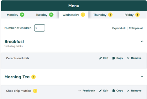 Screenshot of the long day care menu screen.