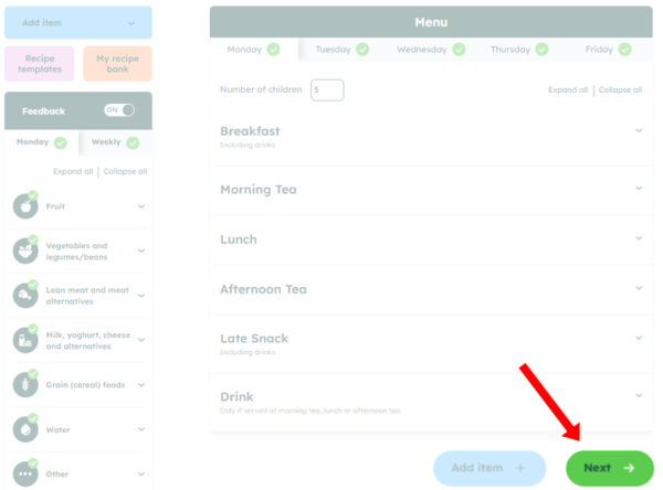 Screenshot of the long day care menu assessment screen, highlighting the 'Next' button in the bottom right corner.