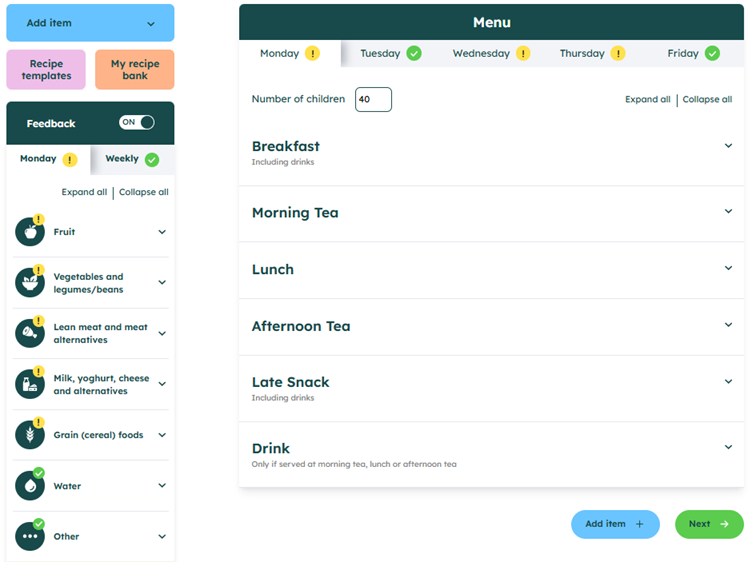 Screenshot of long day care menu assessment screen